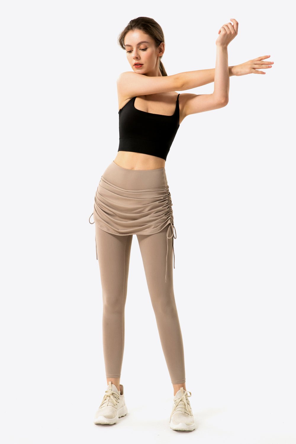 Soft and Breathable Drawstring Ruched Faux Layered Stretch Yoga Leggings