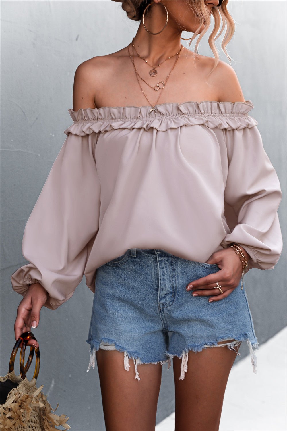 Fashionable Women's Frill Trimmed Off-Shoulder Balloon Sleeve Blouse Top