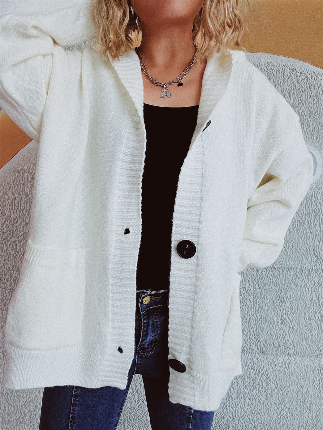 Casual Dropped Shoulder Long Sleeve Buttoned Pocketed Hooded Cardigan for Everyday Wear