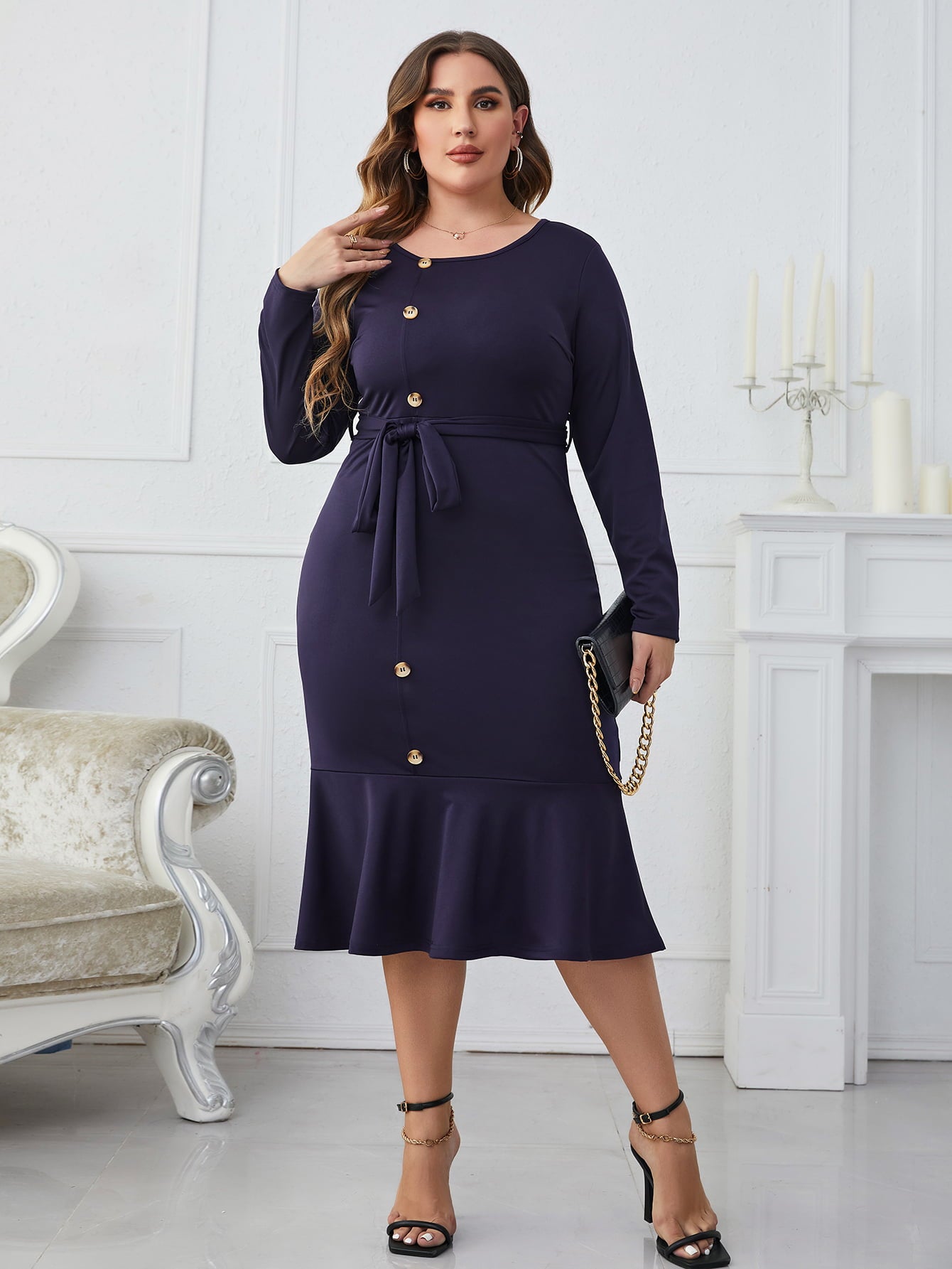 Plus Size Women's Buttoned Round Neck Tie Belt Casual Midi Dress for Everyday Wear
