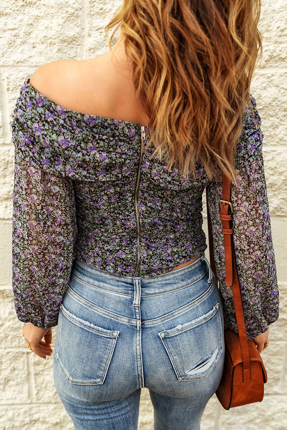 Fashionable Floral Print Off-Shoulder Ruched Long-Sleeved Women's Top