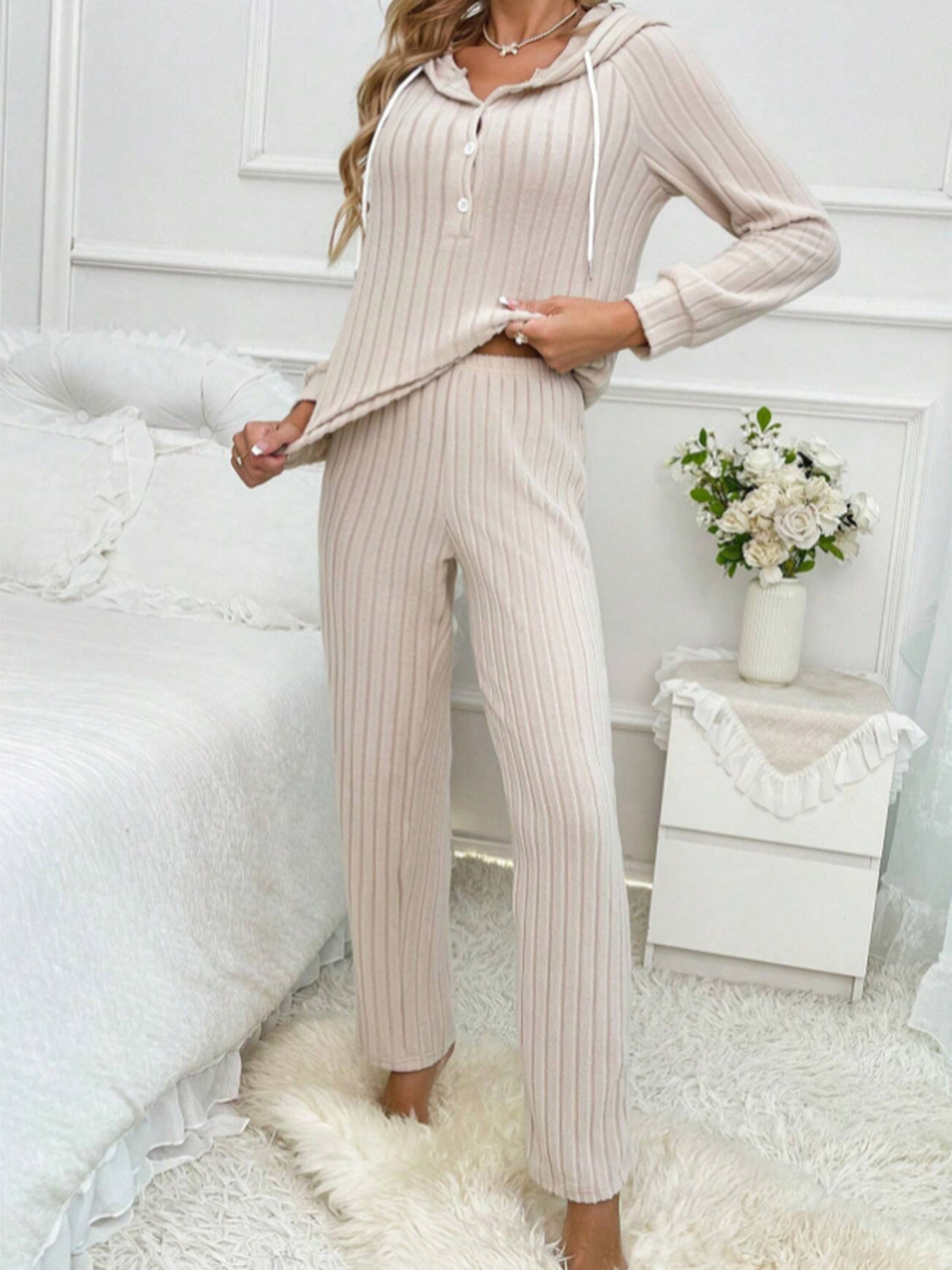 Fashionable Drawstring Half-Button Hooded Top and Comfortable Ribbed Pants Two-Piece Set
