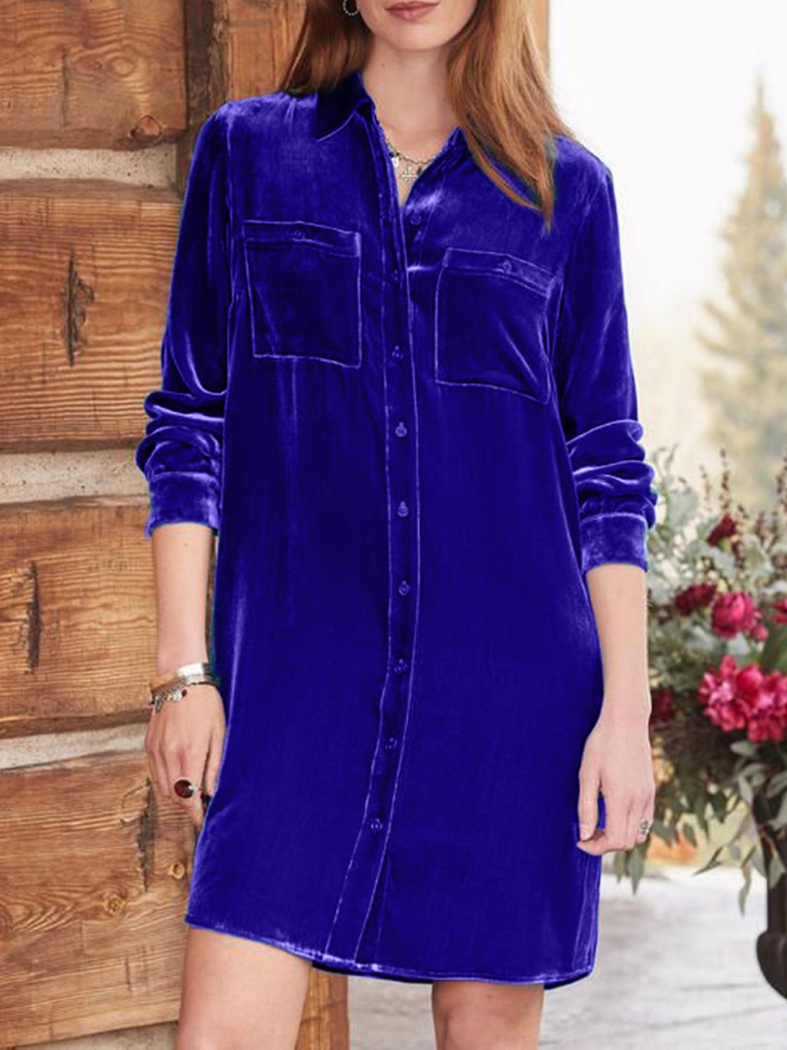 Long Sleeve High-Low Button-Up Knee-Length Opaque Dress with Pockets