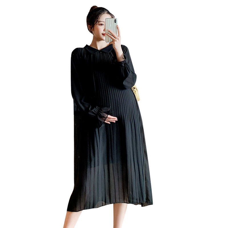Spring and Summer Loose Long-Sleeved Chiffon Maternity Dress in Solid Color