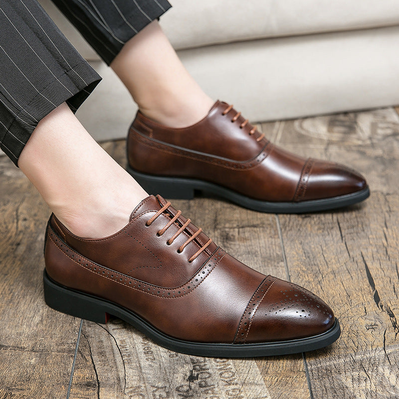 Men's Breathable and Waterproof British Business Casual Leather Shoes in Black and Brown