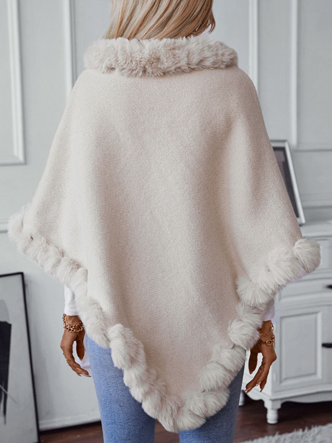 Fashionable Three-Quarter Sleeve Poncho with Fuzzy Trim Texture