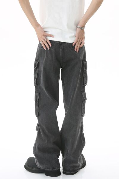 Men's Stretch-Free Multi-Pocket Pleated Cargo Cotton-Viscose Jeans