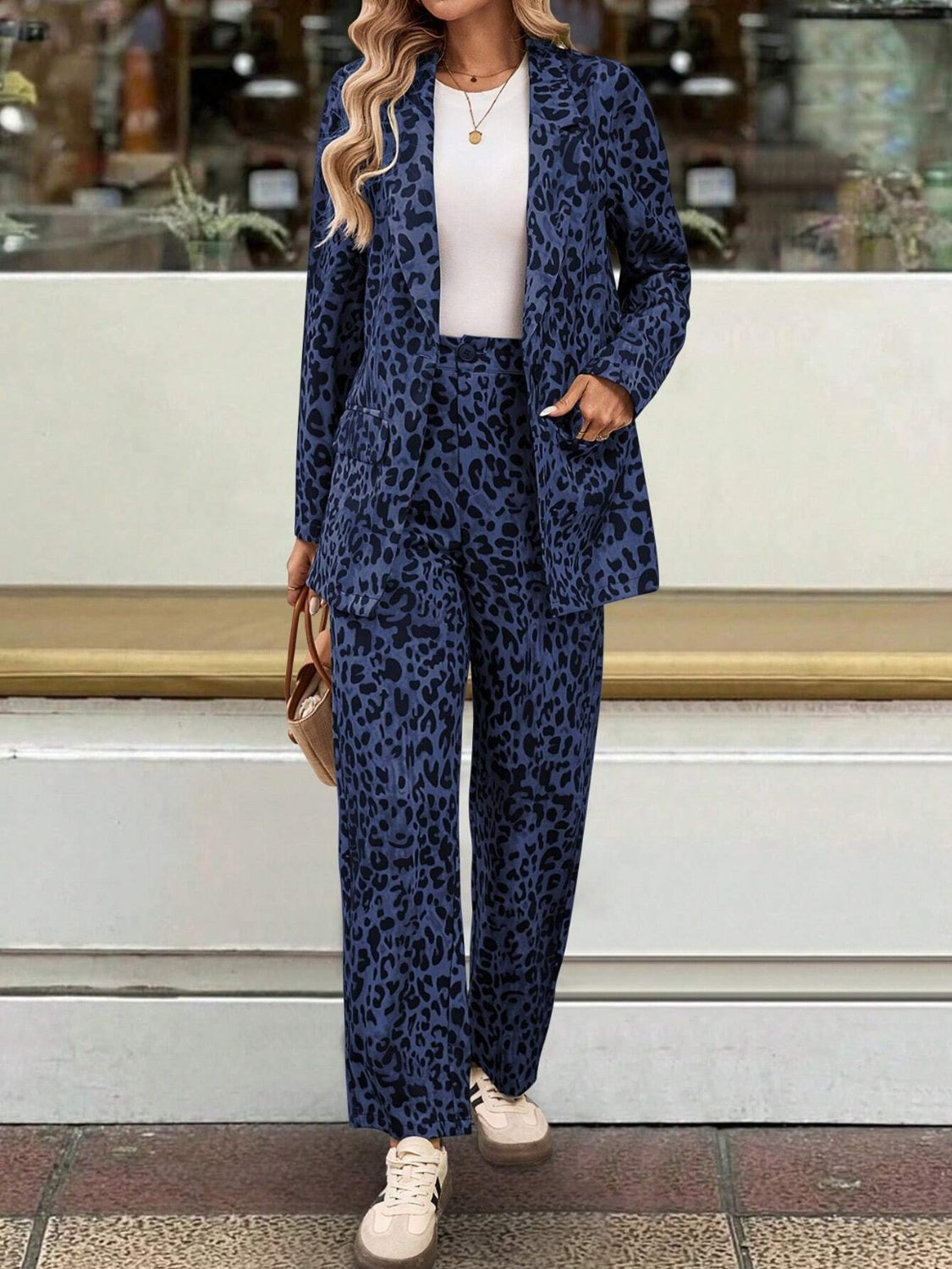 Full-Size Leopard Print Long Sleeve Lapel Collar Blazer and Pants Two-Piece Set