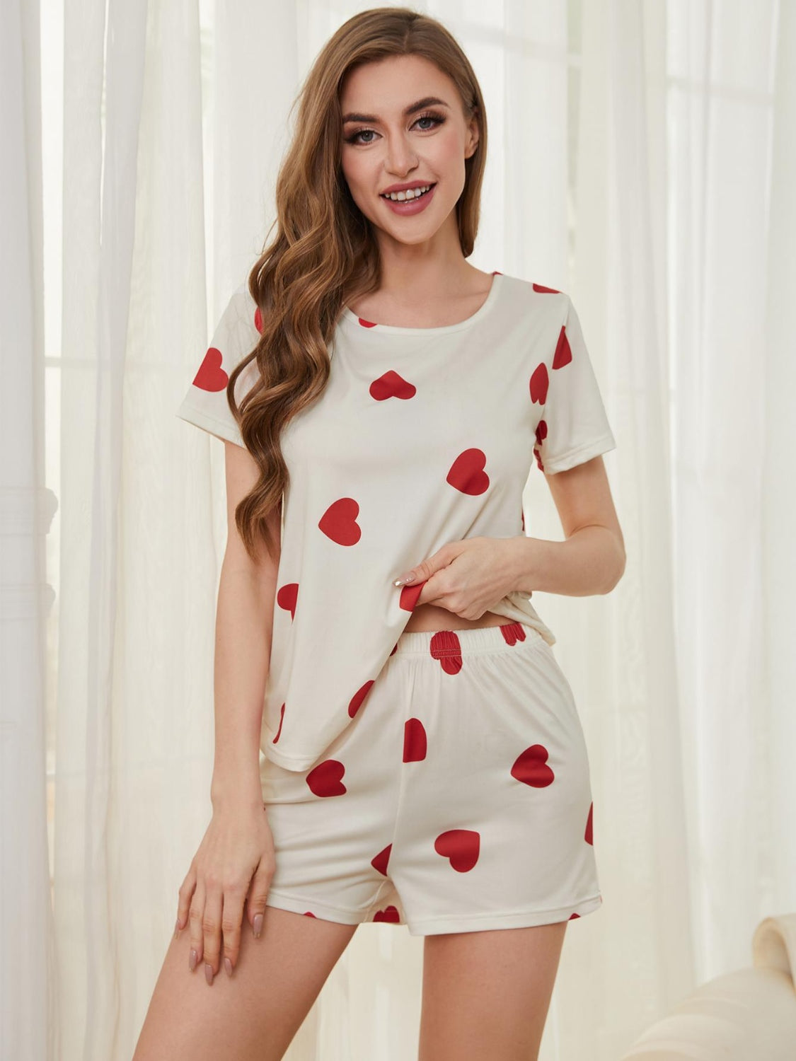 Comfy Heart - Shaped Round Neck Top and Shorts Lounge Set