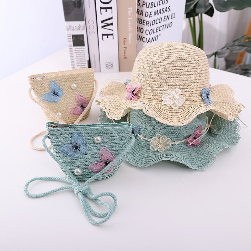Girls' Summer Straw Hat with Butterfly Pattern and Matching Accessory Bag (Sold Individually)