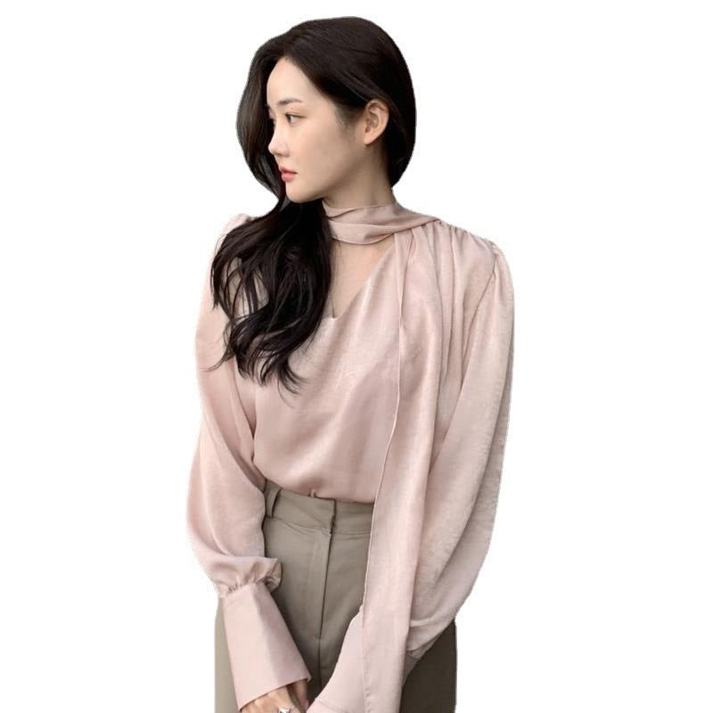 High-quality French-style V-neck Ribbon Scarf Loose Solid-color Long-sleeve Women's Top