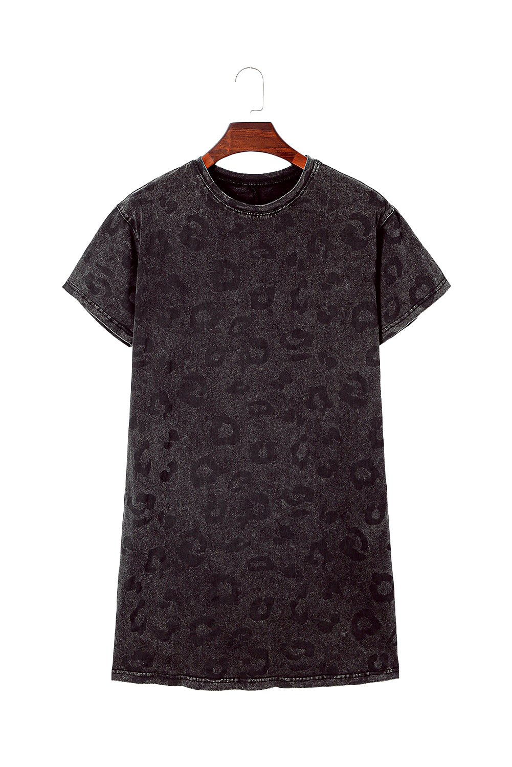 Vintage Gray Washed Leopard Print T-Shirt Dress with Handy Side Pockets