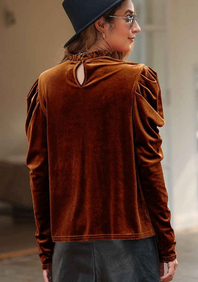 Fashionable Frilled Mock - Neck Puff - Sleeve Women's Blouse