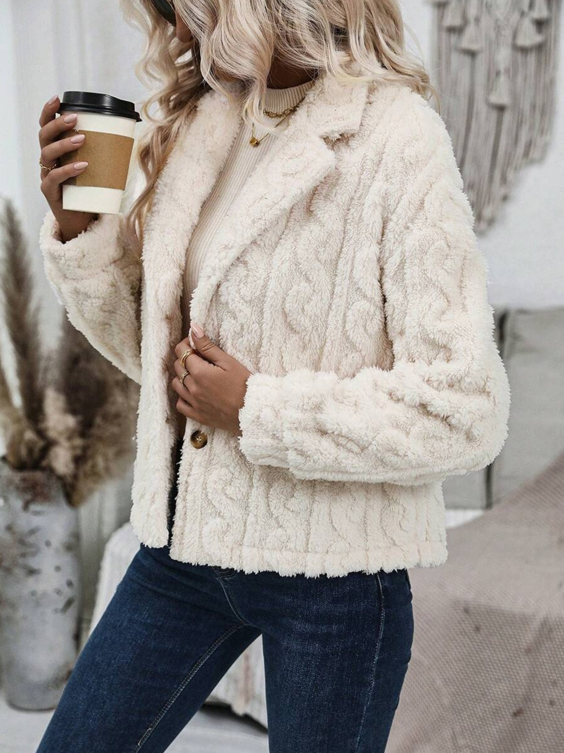 Fuzzy Buttoned Up - Collar Neck Winter Jacket for Casual Wear