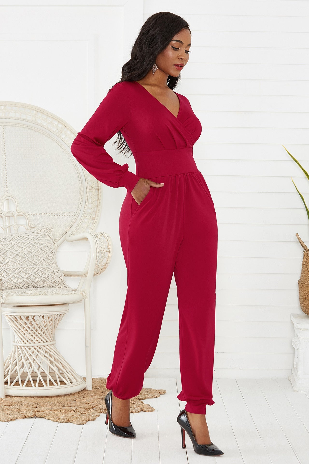 Fashionable Solid Pattern Gathered Detail Surplice Neck Lantern Sleeve Women's Jumpsuit