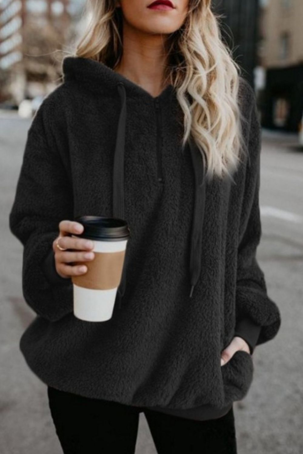 Full-Size Teddy Quarter-Zip Hoodie with Drawstring and Pocket