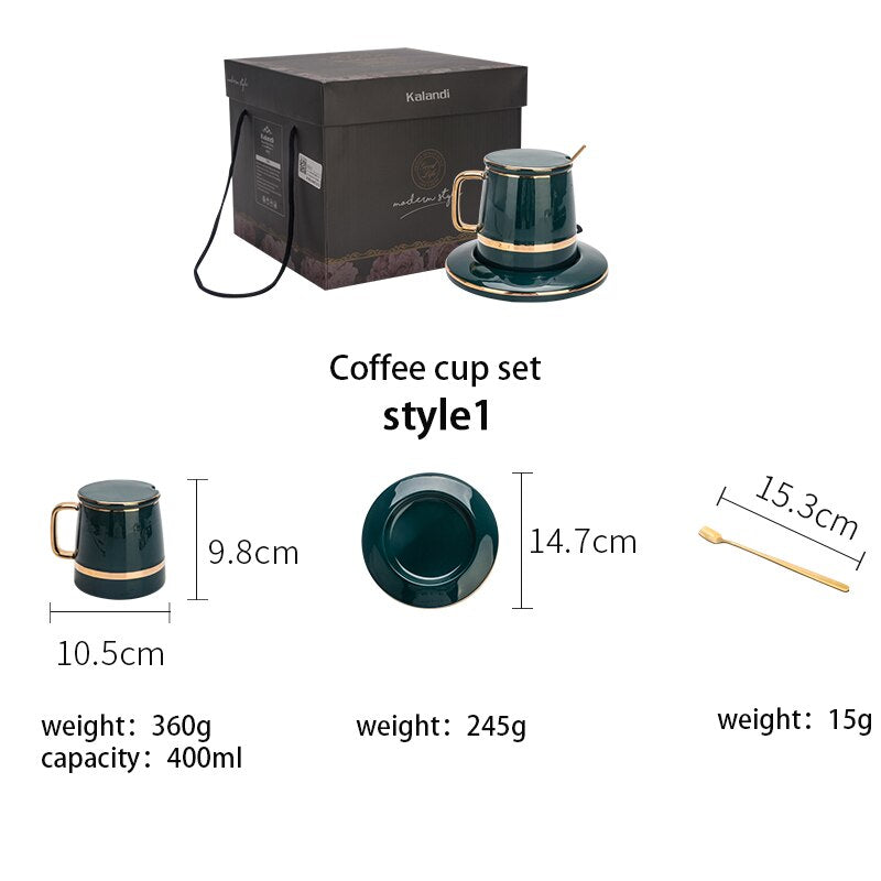 MDZF SWEET HOME European-Style Handpainted Green Ceramic Coffee Cup Set with Mat, Lid, Spoon - Ideal Milk Cup and Breakfast Tableware Set, Perfect for Couple Mugs and Birthday Gift Boxes
