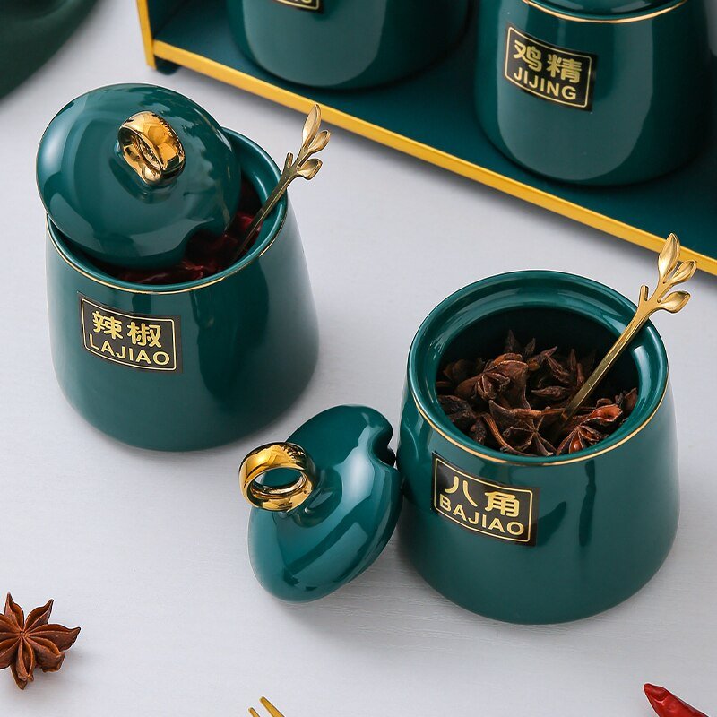 Nordic Style Large Green Ceramic Spice Bottle Holder with Top Seal - An Organizer for Spice Jars, a Great Kitchen Gadget for Herb and Spice Storage