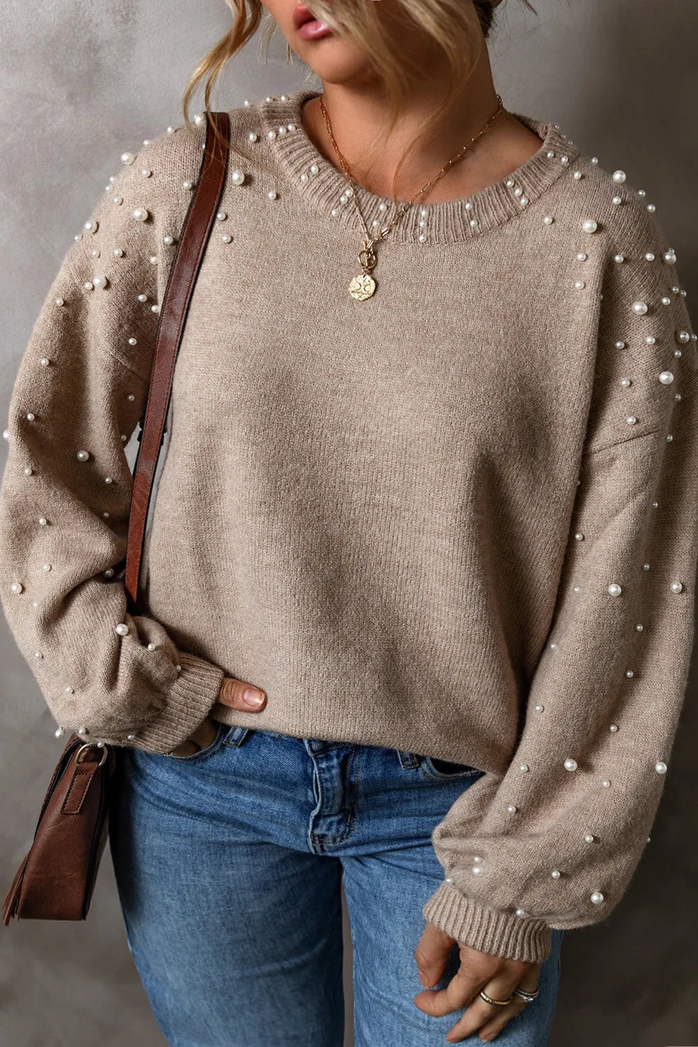 Plus Size Long Sleeve Round Neck Sweater with Pearl Details
