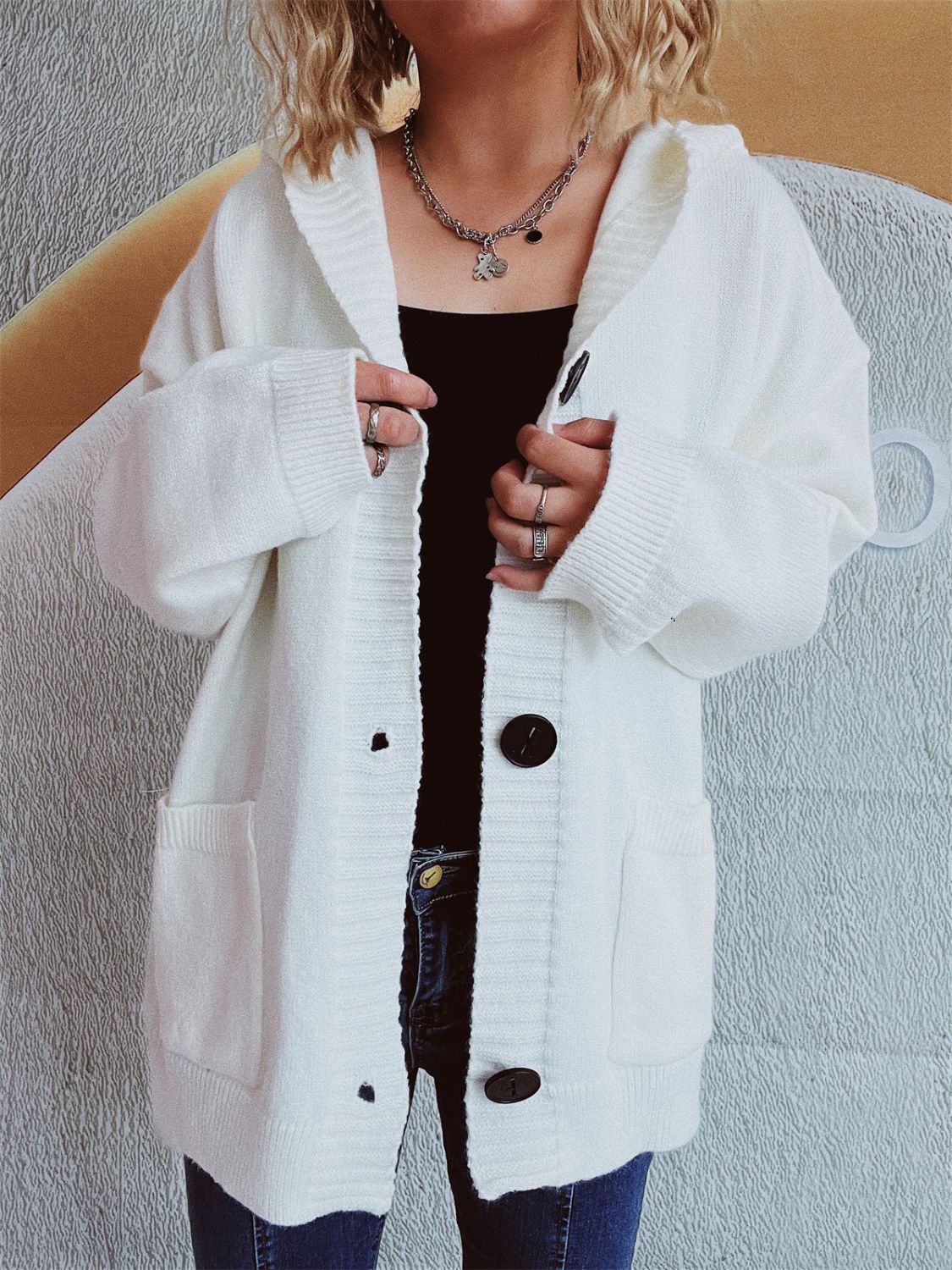 Casual Dropped Shoulder Long Sleeve Buttoned Pocketed Hooded Cardigan for Everyday Wear