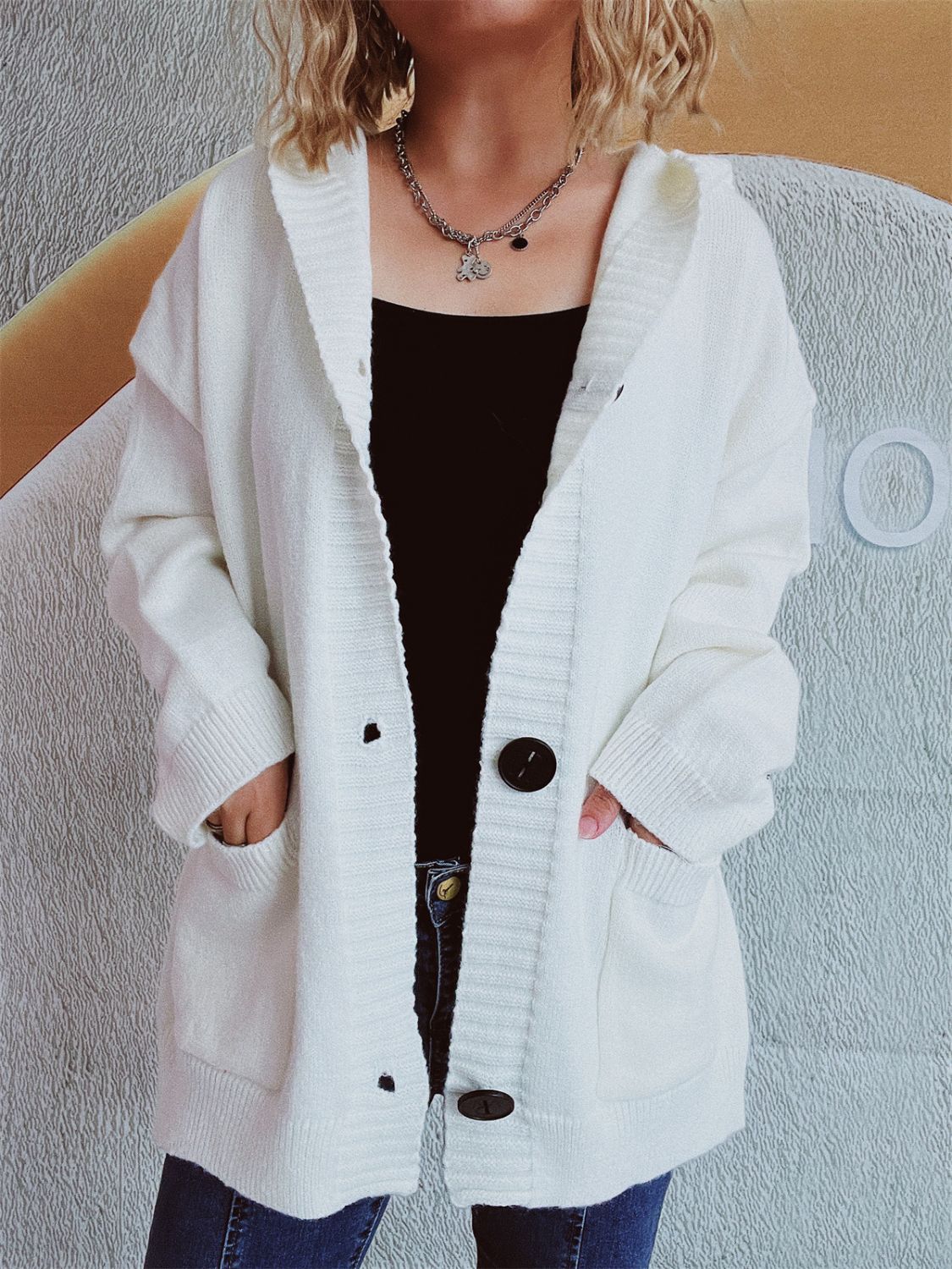 Casual Dropped Shoulder Long Sleeve Buttoned Pocketed Hooded Cardigan for Everyday Wear