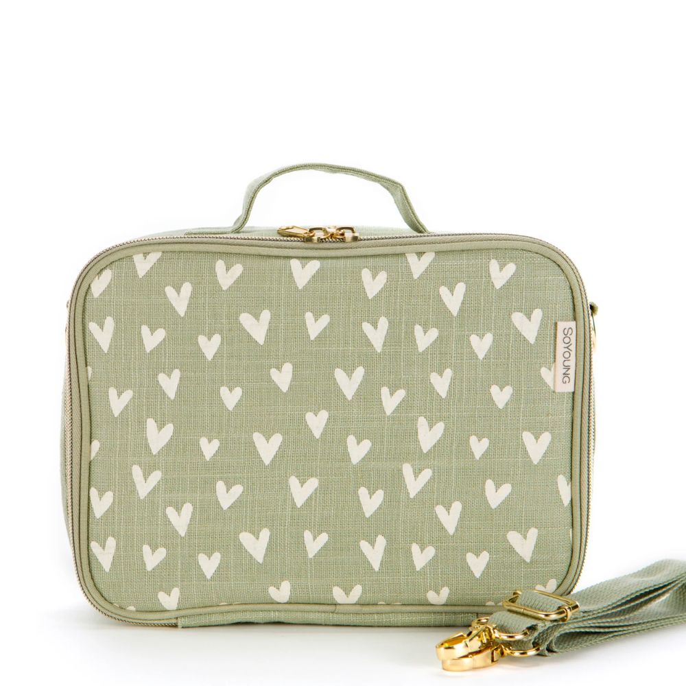 Littl Hearts Sage Washable Insulated Kids Raw Linen Lunch Box
