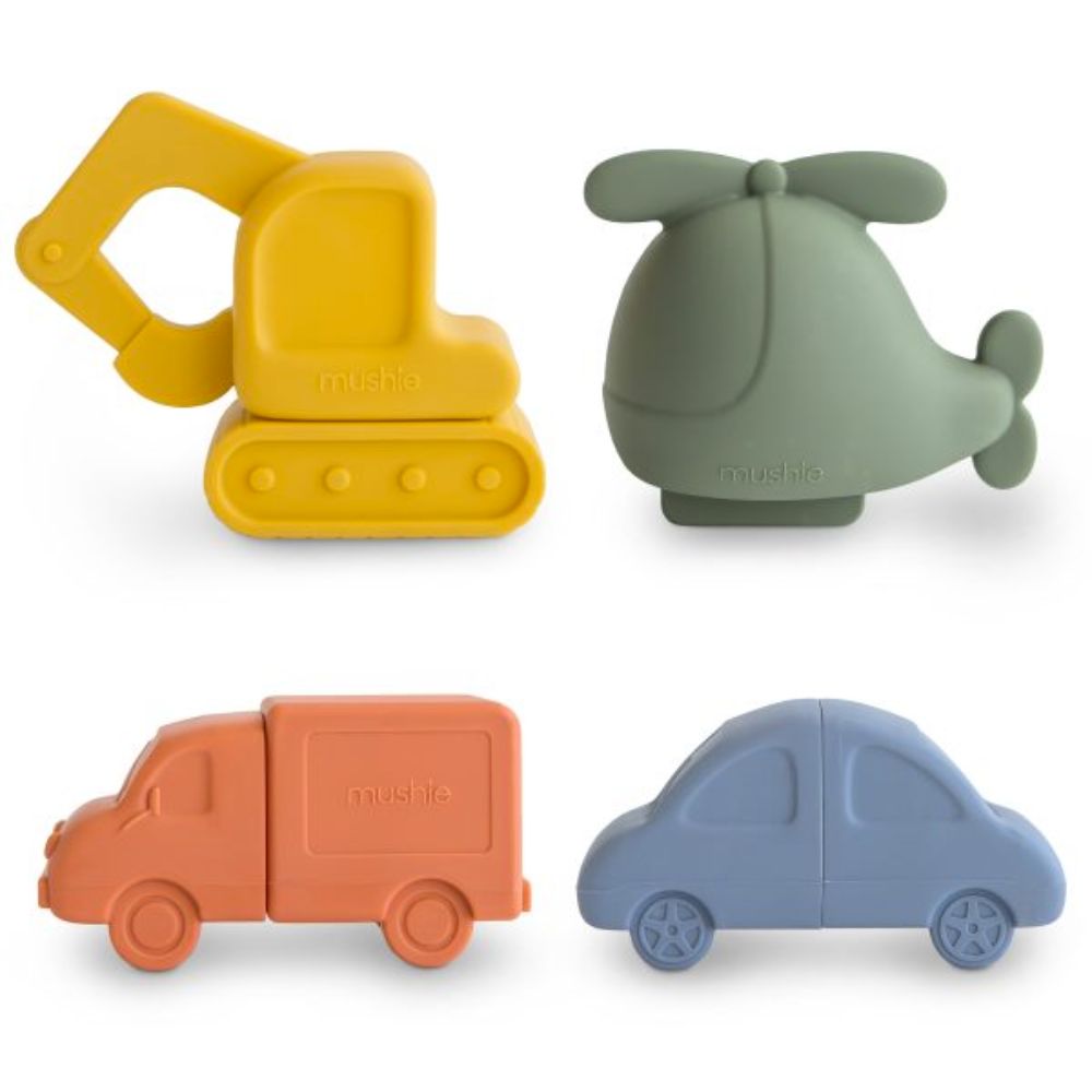 Mushie Silicone Mold-Free Bath Play Vehicle Set - 4 Piece Pack for Toddlers