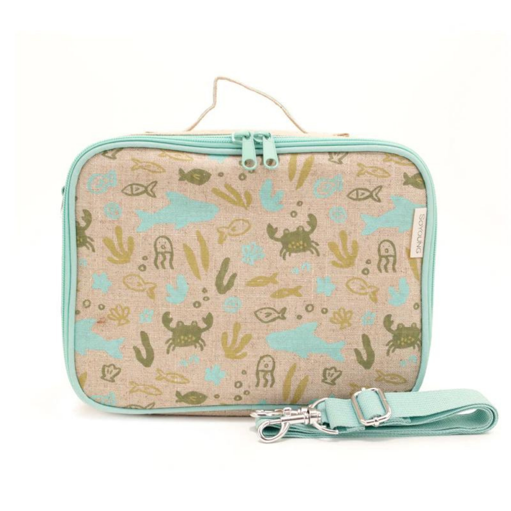 Insulated Raw Linen Lunch Box with Under the Sea Charming Print