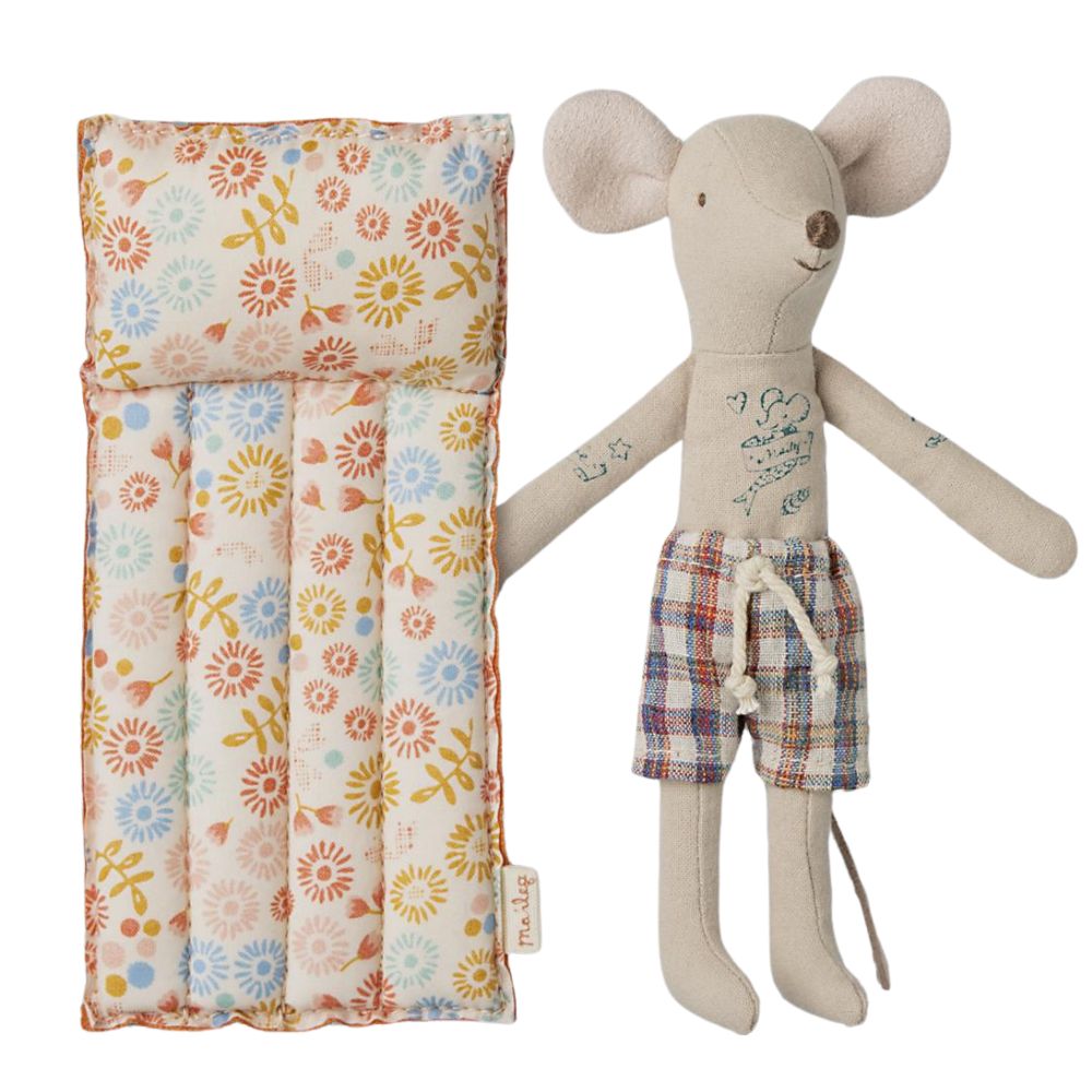 Maileg Dad Beach Mouse with Flower-Print Air Mattress