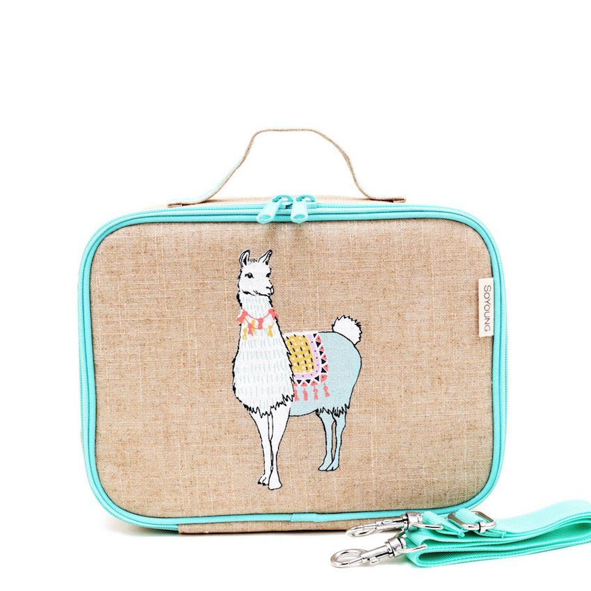 Kids Washable Insulated Lunch Box Made of Raw Linen with Groovy Llama Design