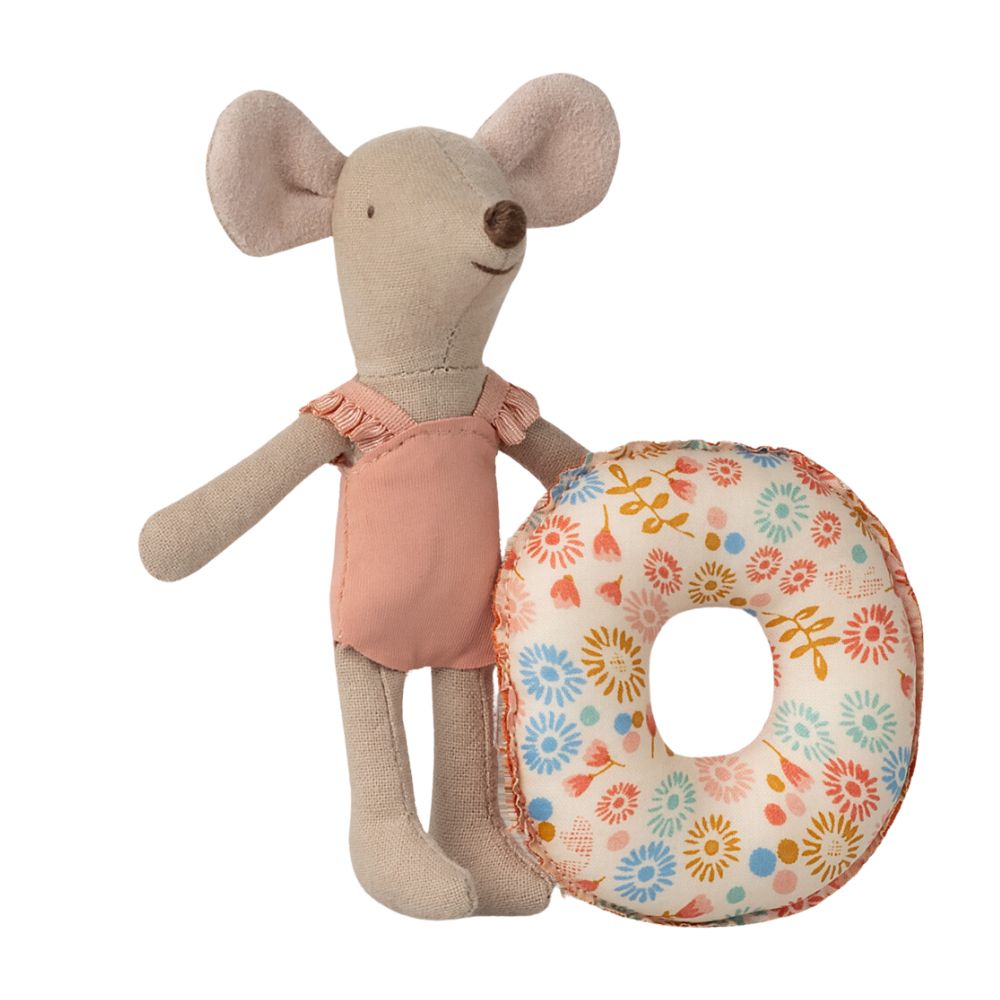 Maileg Little Sister Beach Mouse Toy with Flower - Printed Float