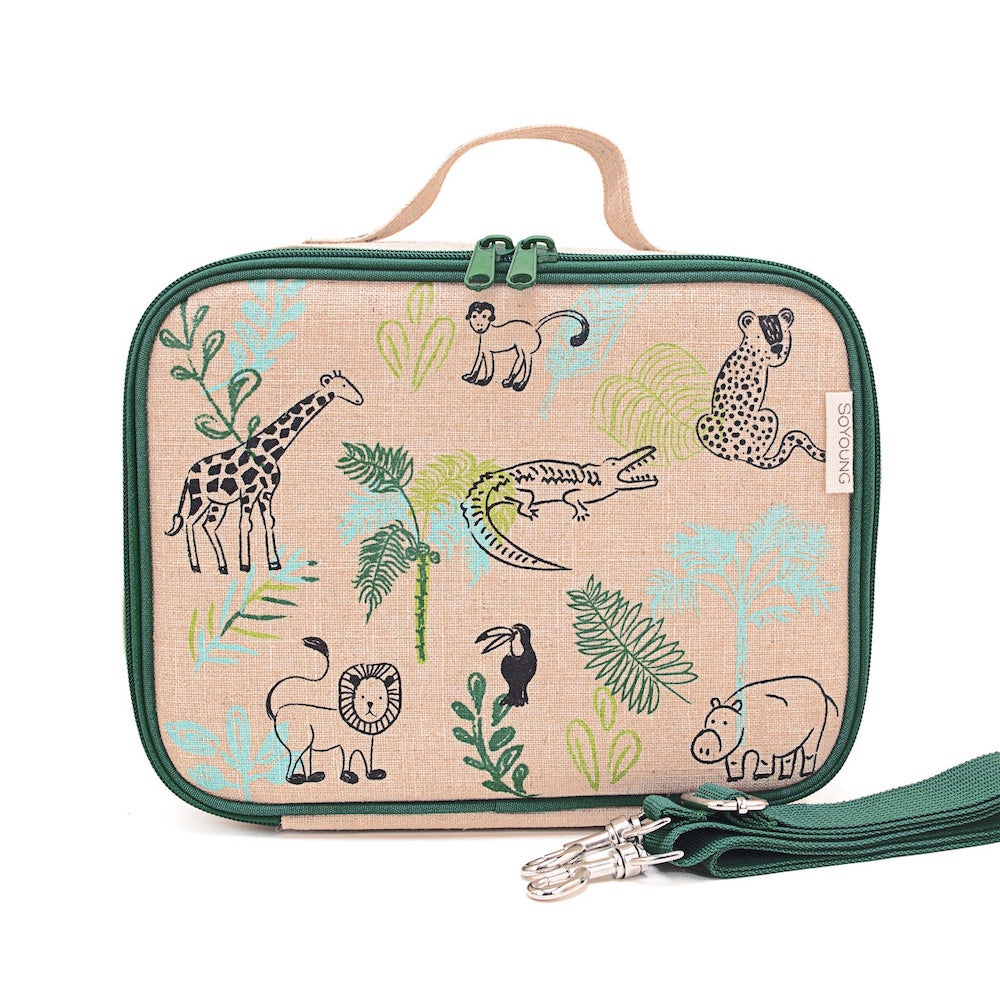 Washable Insulated Raw Linen Kids Lunch Box - Safari Friends Design