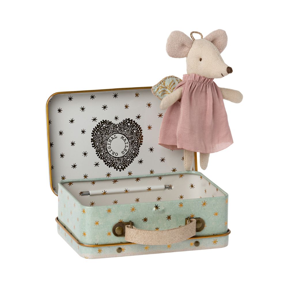Maileg Mint-Colored Metal Suitcase Guardian Angel Mouse Toy