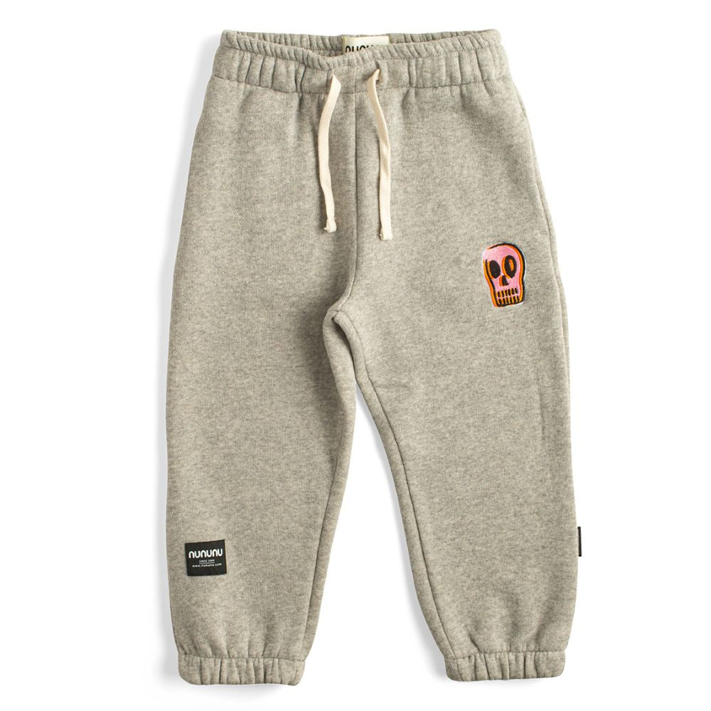 Nununu Super Cozy Heather Grey Sweatpants with Embroidered Skull Patch for Kids