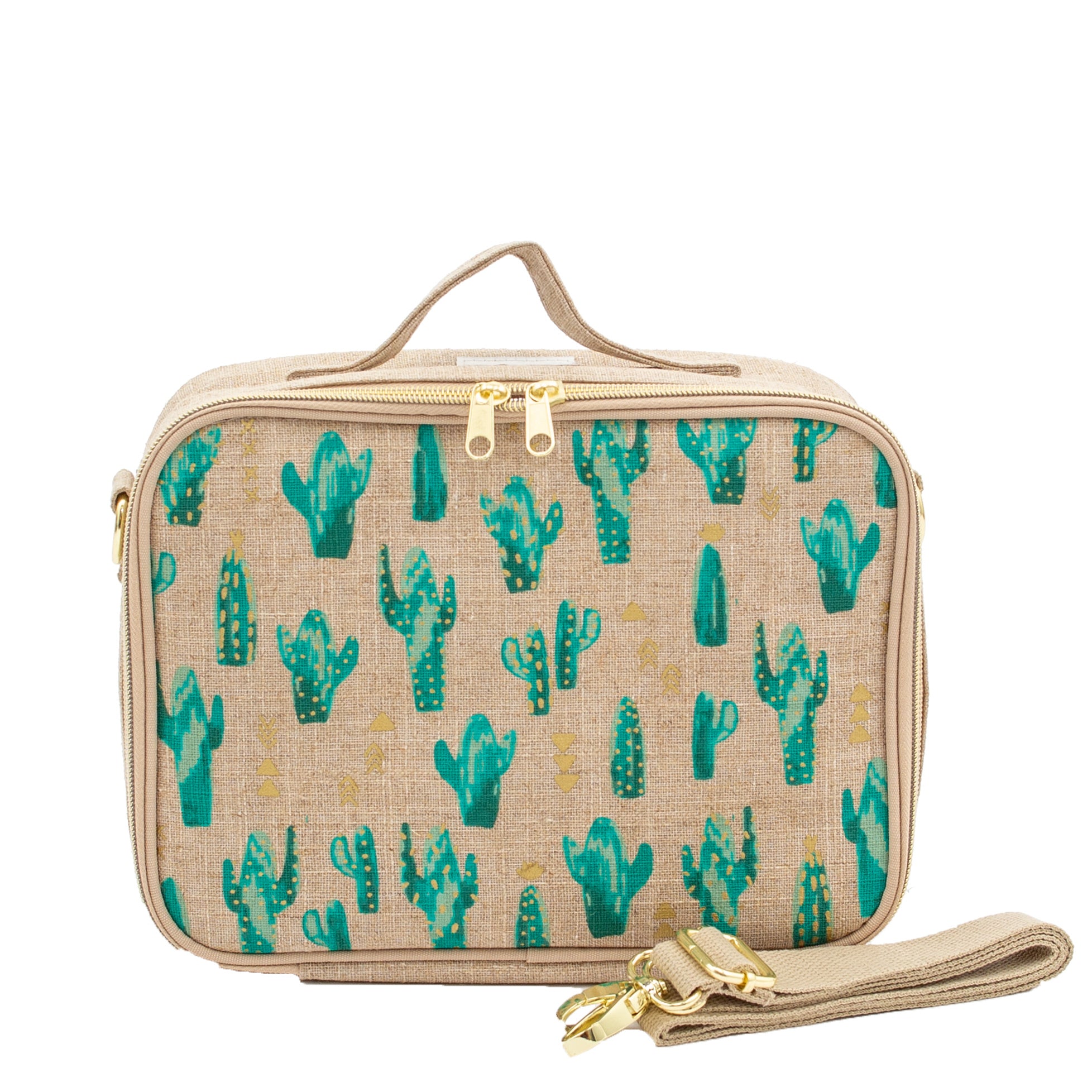 Insulated Raw Linen Lunch Box with Cacti Desert Design