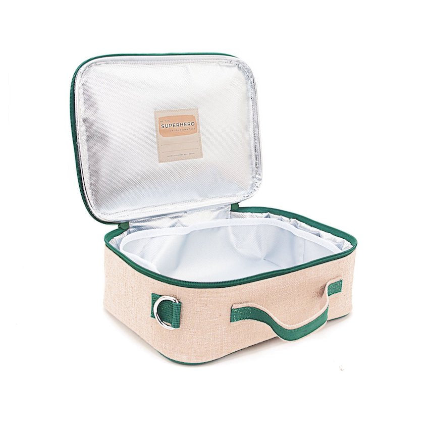 Washable Insulated Raw Linen Kids Lunch Box - Safari Friends Design