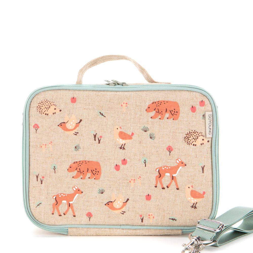 Washable Insulated Kids Lunch Box with Forest Friends Raw Linen Design