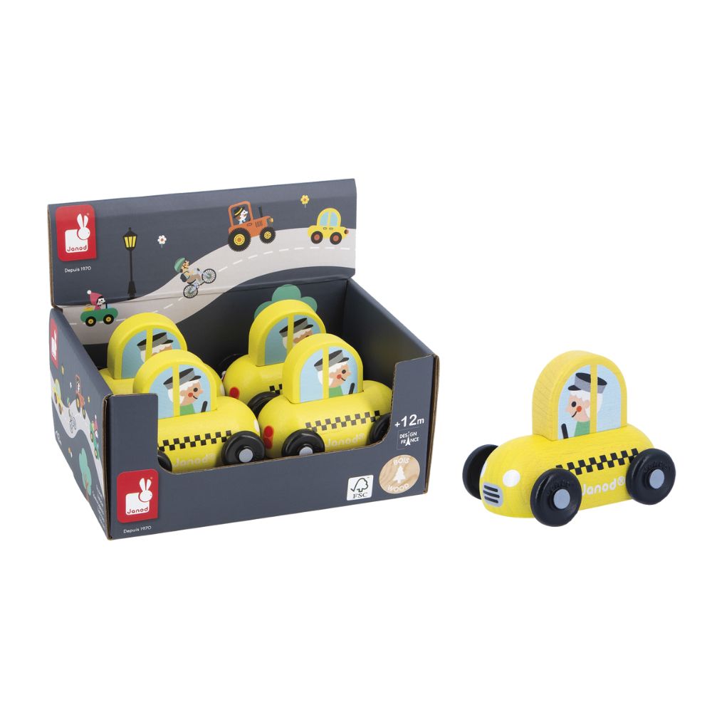 Janod Cross Roads Collection - Yellow Wooden Taxi Toy for Kids