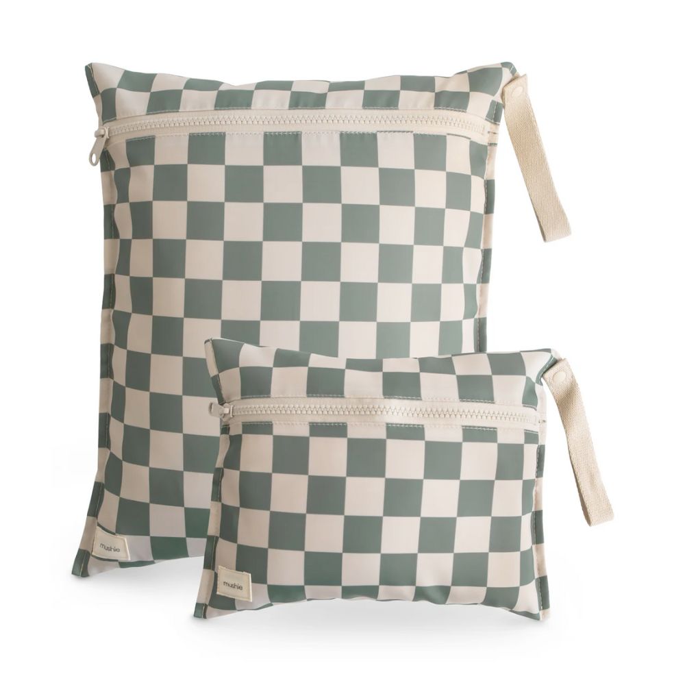 Mushie Olive Check Water-Resistant Wet Bag Set of 2 for Convenient Storage