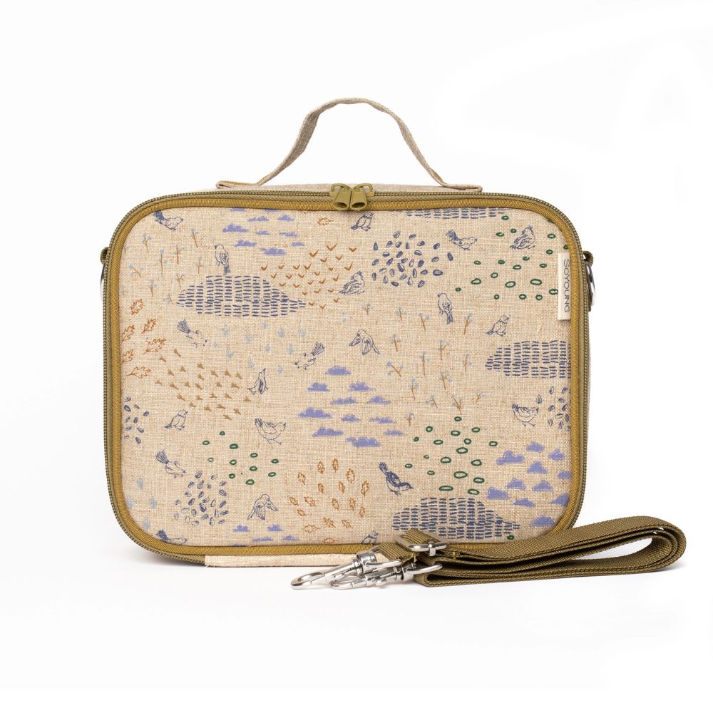 Insulated Raw Linen Lunch Box with Bird Nature Design