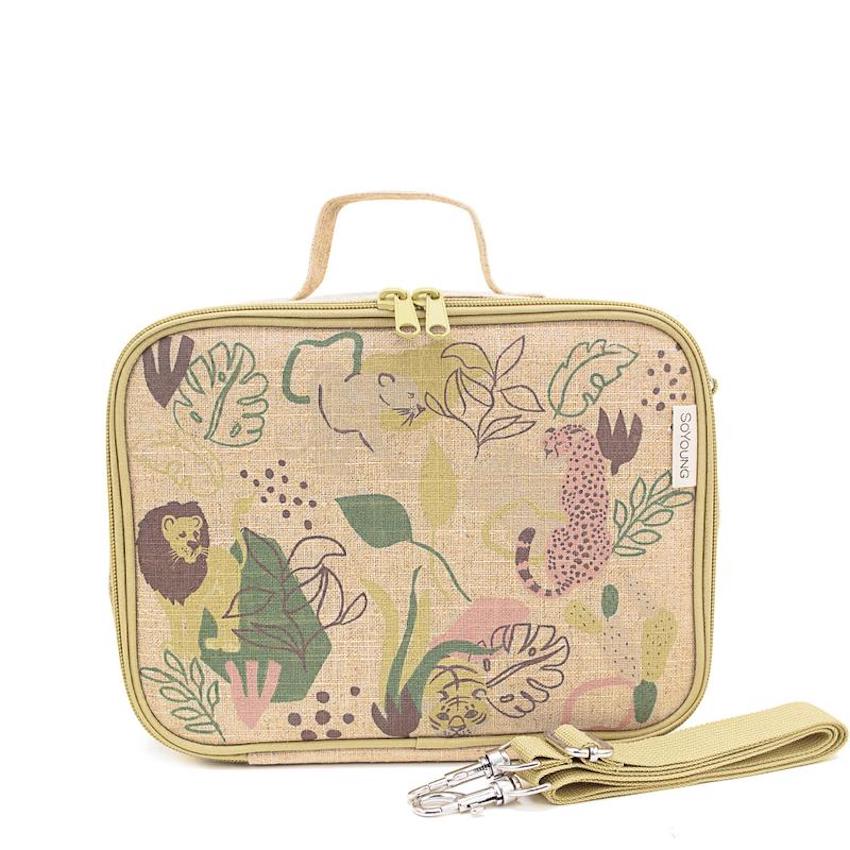 Kids' Washable Insulated Lunch Box with Jungle Cats Pattern on Raw Linen