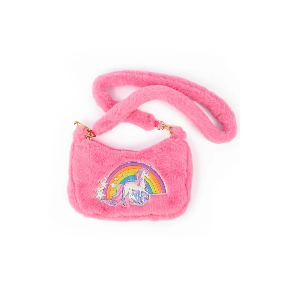 Soft Pink Furry Rainbow Unicorn Crossbody Purse for Little Ones